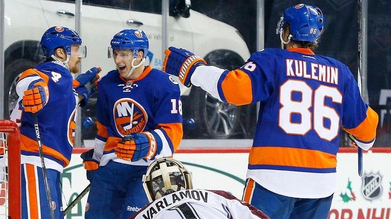 Mikhail Grabovski of the Islanders celebrates his second-period goal against...