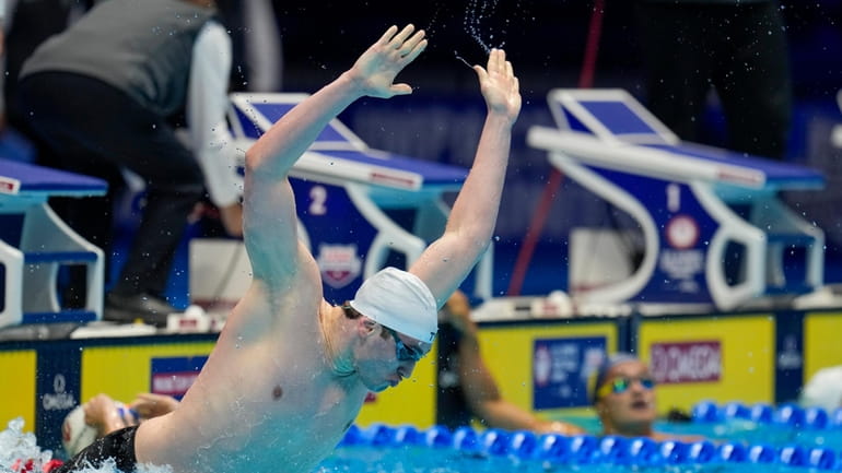 Matthew Fallon reacts after the Men's 200 breaststroke finals Wednesday,...