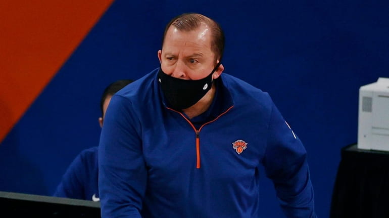Knicks coach Tom Thibodeau reacts to a call during the...