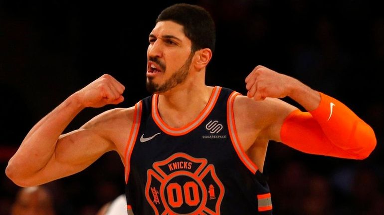 Enes Kanter of the Knicks reacts after a basket in...