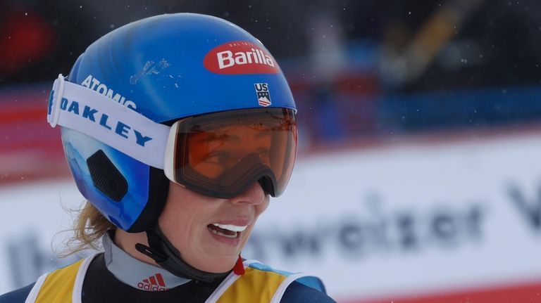 United States' Mikaela Shiffrin reacts after completing an alpine ski,...