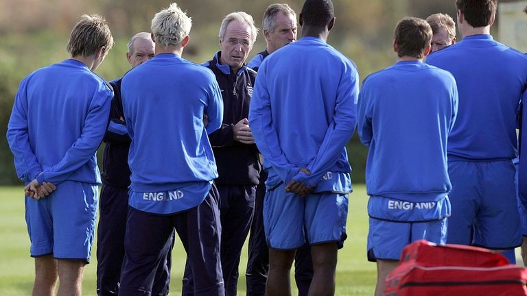 England coach Sven Goran Eriksson, fourth from the left, gives...