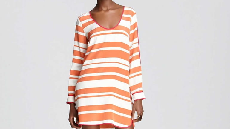 Worn with flats, this sassy coral stripe long-sleeved chemise dress...