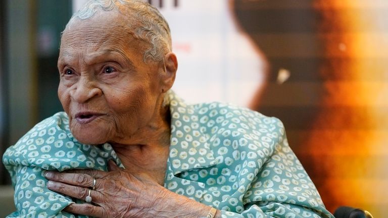 Tulsa Race Massacre survivor Viola Ford Fletcher gestures while speaking...