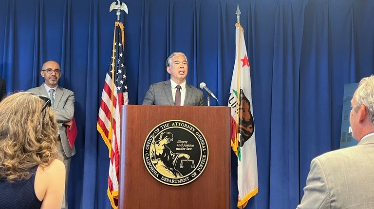 California Attorney General Rob Bonta speaks during a press conference...