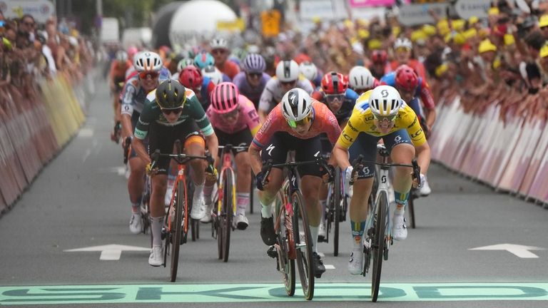 Charlotte Kool of The Netherlands, wearing the overall leader's yellow...