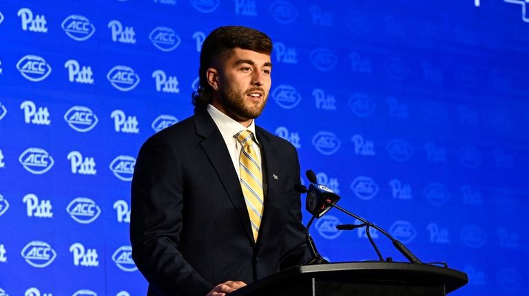 Pittsburgh tight end Gavin Bartholomew speaks during the Atlantic Coast...