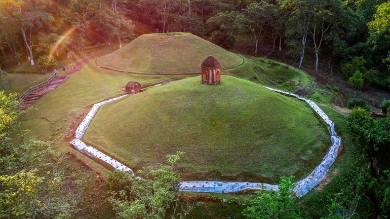 An aerial view of the Moidams burial mounds in Charaideo,...