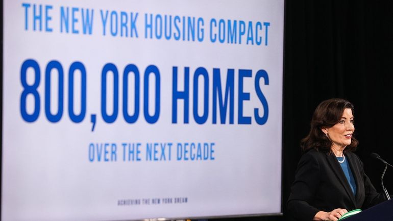 Governor Kathy Hochul speaks during a press event where she...