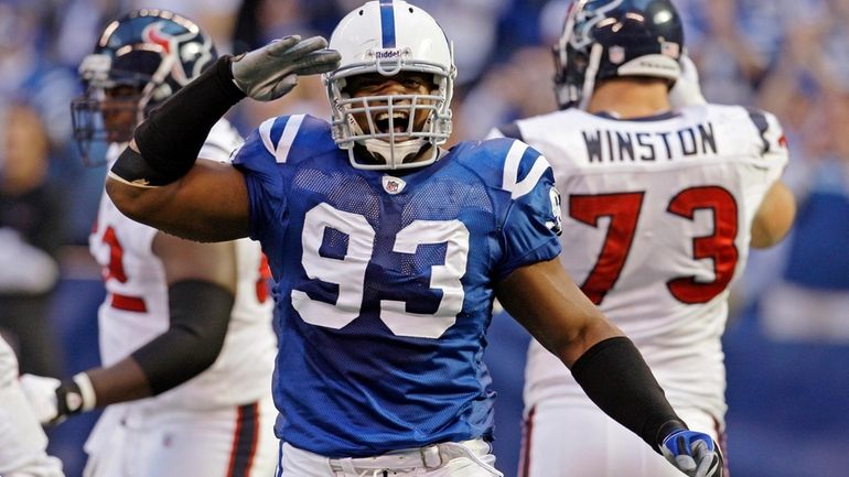 Indianapolis Colts defensive end Dwight Freeney (93) reacts after a...