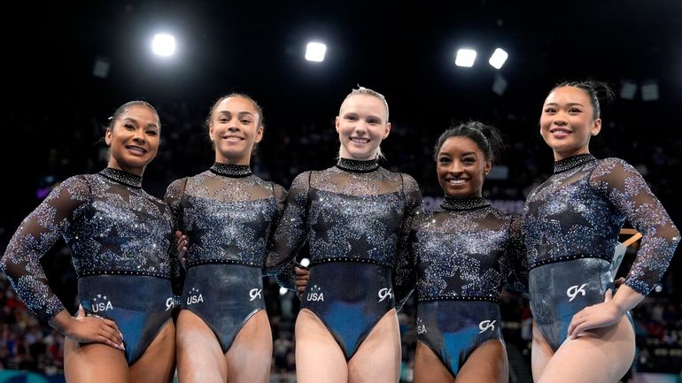 Team USA from left to right, Jordan Chiles, Hezly Rivera,...