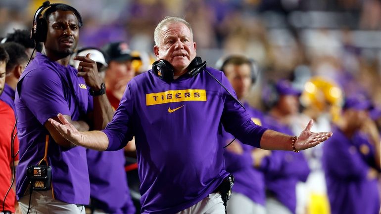 LSU head coach Brian Kelly reacts to a play during...