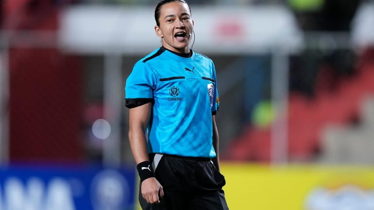 Referee Edina Alves of Brazil officiates during a Copa Sudamericana...