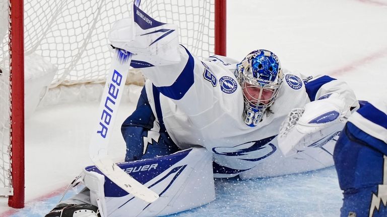 Tampa Bay Lightning goaltender Andrei Vasilevskiy makes a save against...