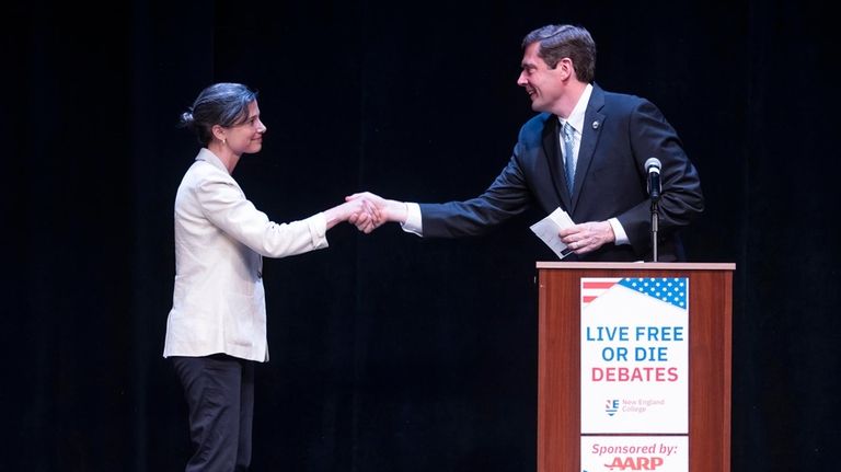 Democratic congressional candidates Maggie Goodlander, left, and Colin Van Ostern...