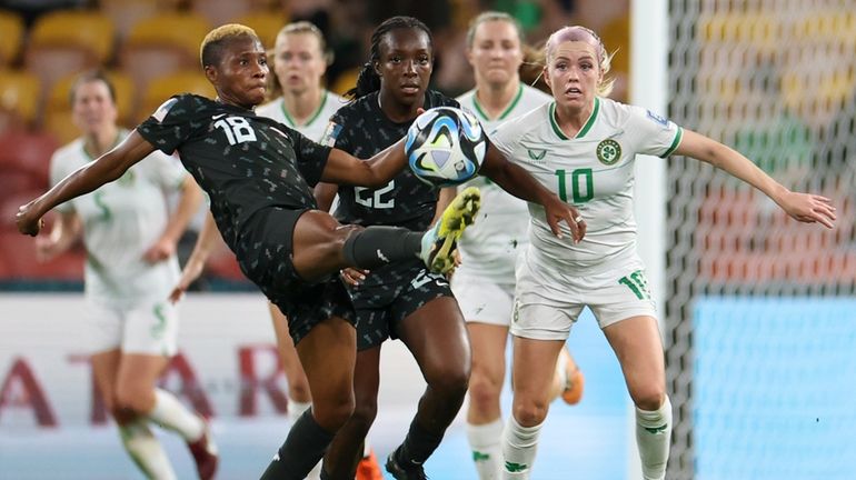 Nigeria's Halimatu Ayinde competes for the ball in front of...