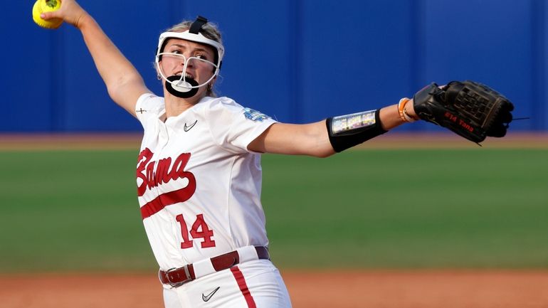 Alabama's Montana Fouts pitches against Stanford during the third inning...