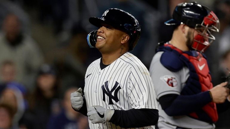 Willie Calhoun #24 of the Yankees celebrates his seventh inning home...