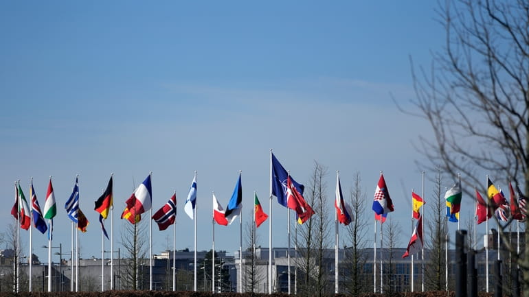 Flags of NATO member countries blow in the wind outside...