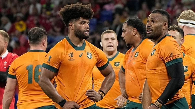 Australia's Rob Valetini, left, and teammate Samu Kerevi gesture during...