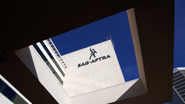 SAG-AFTRA signage is seen on the side of the headquarters...