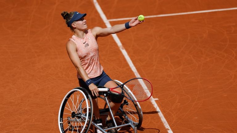 Netherlands' Diede de Groot serves against China's Zhu Zhenzhen in...