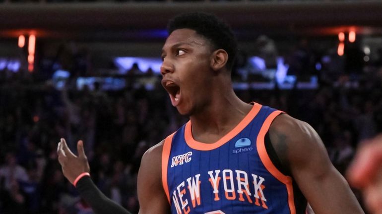 Knicks guard RJ Barrett (9) reacts during the second half...