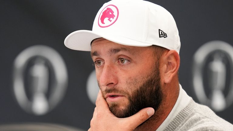 Jon Rahm of Spain speaks during a press conference ahead...