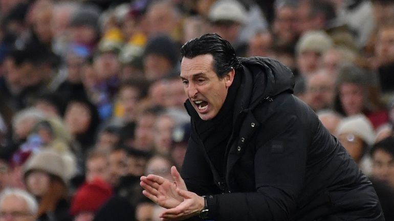 Aston Villa's head coach Unai Emery follows the game of...