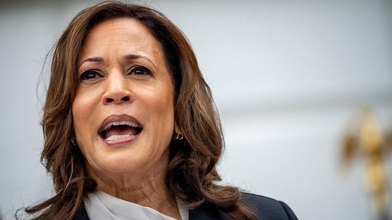 Vice President Kamala Harris speaks during an NCAA championship teams...