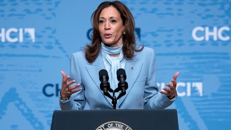 Democratic presidential nominee Vice President Kamala Harris speaks at the...