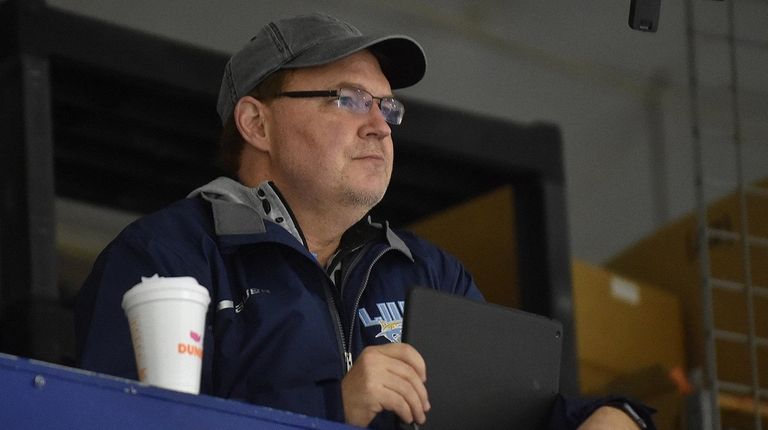 Rob Morgan, LIU women's ice hockey head coach, watches practice...