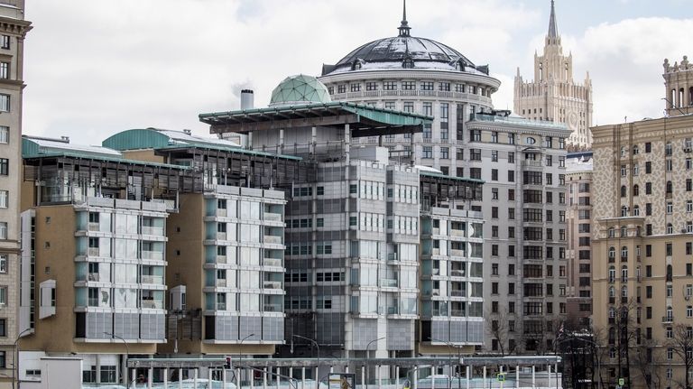 The British Embassy building, center, with the Russian Foreign Ministry...