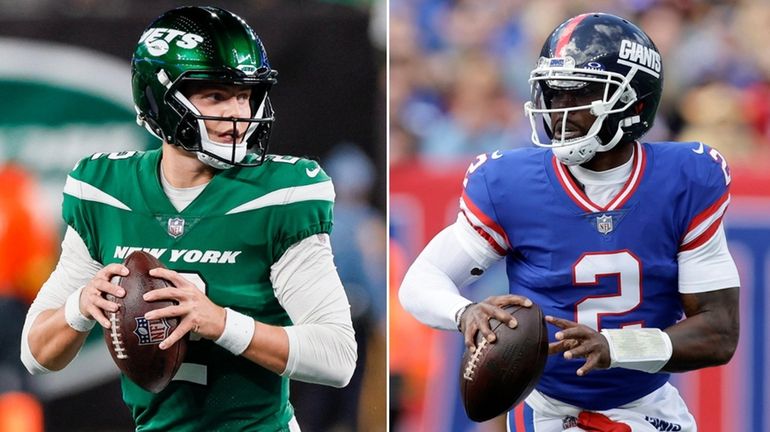 Jets quarterback Zach Wilson, left, and Giants quarterback Tyrod Taylor.