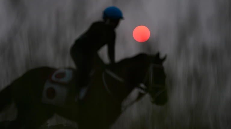 Haze from northern wildfires obscures the rising sun as horses...