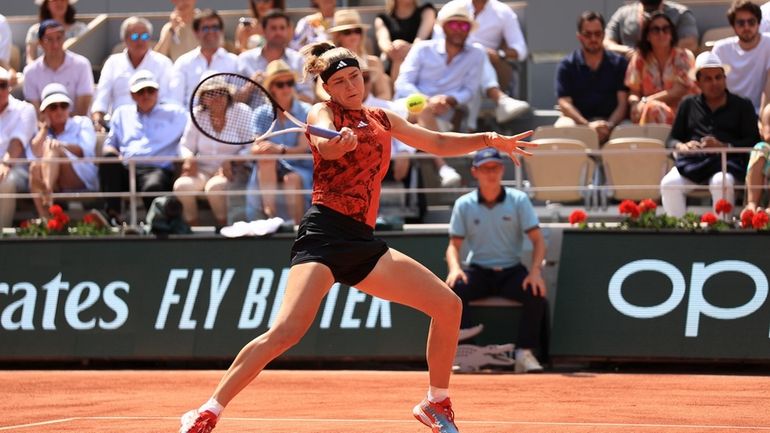 Karolina Muchova of the Czech Republic plays a shot against...