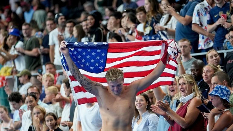 United States' Hannes Daube celebrates after winning the men's water...