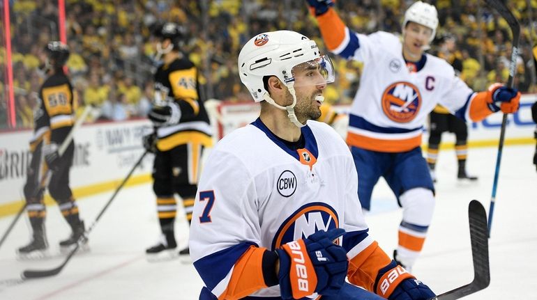 Jordan Eberle #7 of the Islanders celebrates after scoring a goal...