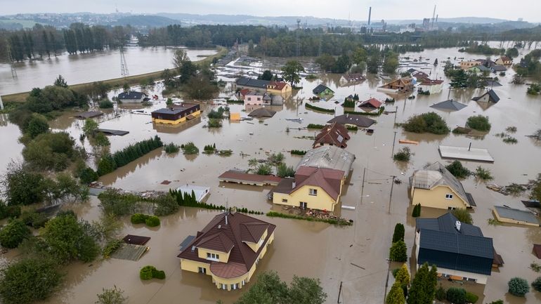 An aerial view of a flooded neighbourhood in Ostrava, Czech...