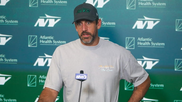 Aaron Rodgers during the New York Jets OTA workouts at...