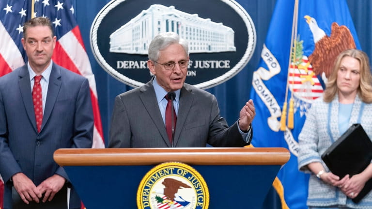 Attorney General Merrick Garland speaks during a news conference at...