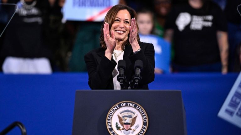 Democratic presidential nominee Vice President Kamala Harris speaks during a...