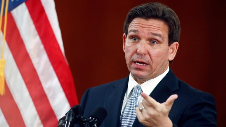 Florida Gov. Ron DeSantis answers questions from the media.