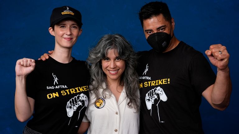 Sarah Elmaleh, from left, Ashly Burch, and Noshir Dalal pose...