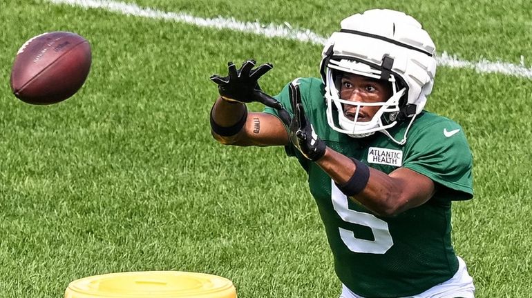 Garrett Wilson of the Jets practices at Atlantic Health Jets Training...