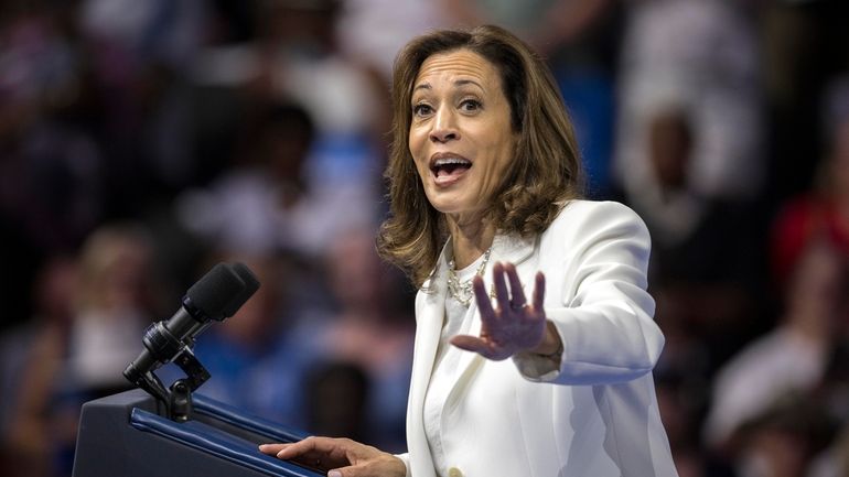 Democratic presidential nominee Vice President Kamala Harris speaks at a...