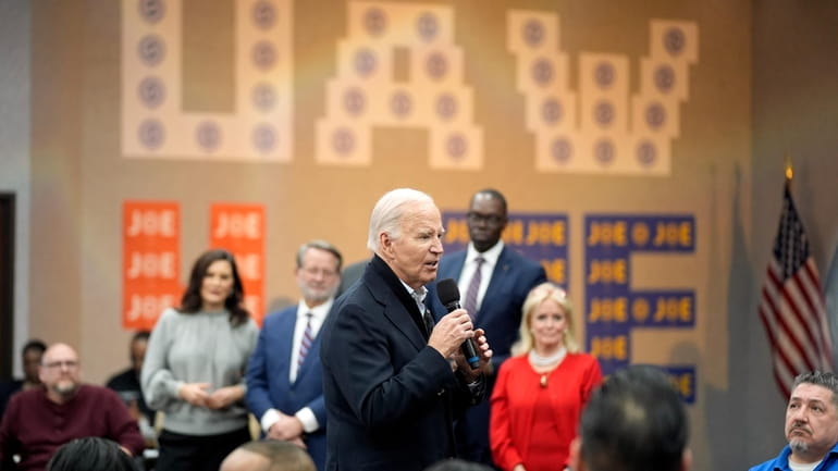 President Joe Biden addresses UAW members during a campaign stop...