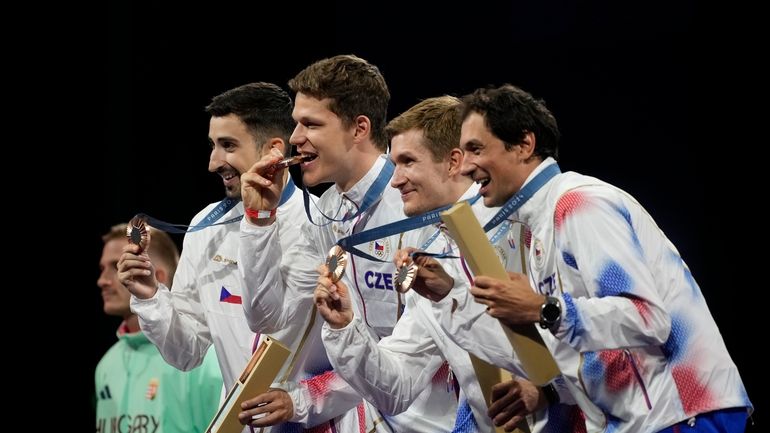 Czech Republic's fencers Jiri Beran, Jakub Jurka, Martin Rubes and...