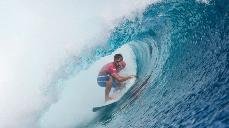 Kauli Vaast, of France, surfs during the gold medal match...