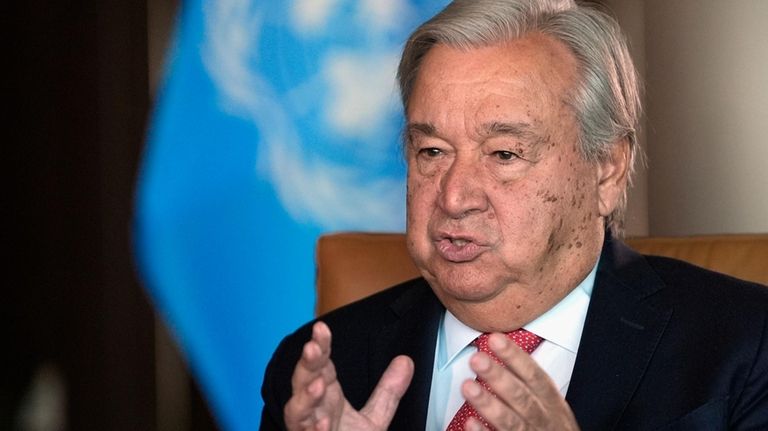 United Nations Secretary-General Antonio Guterres speaks during an interview at...